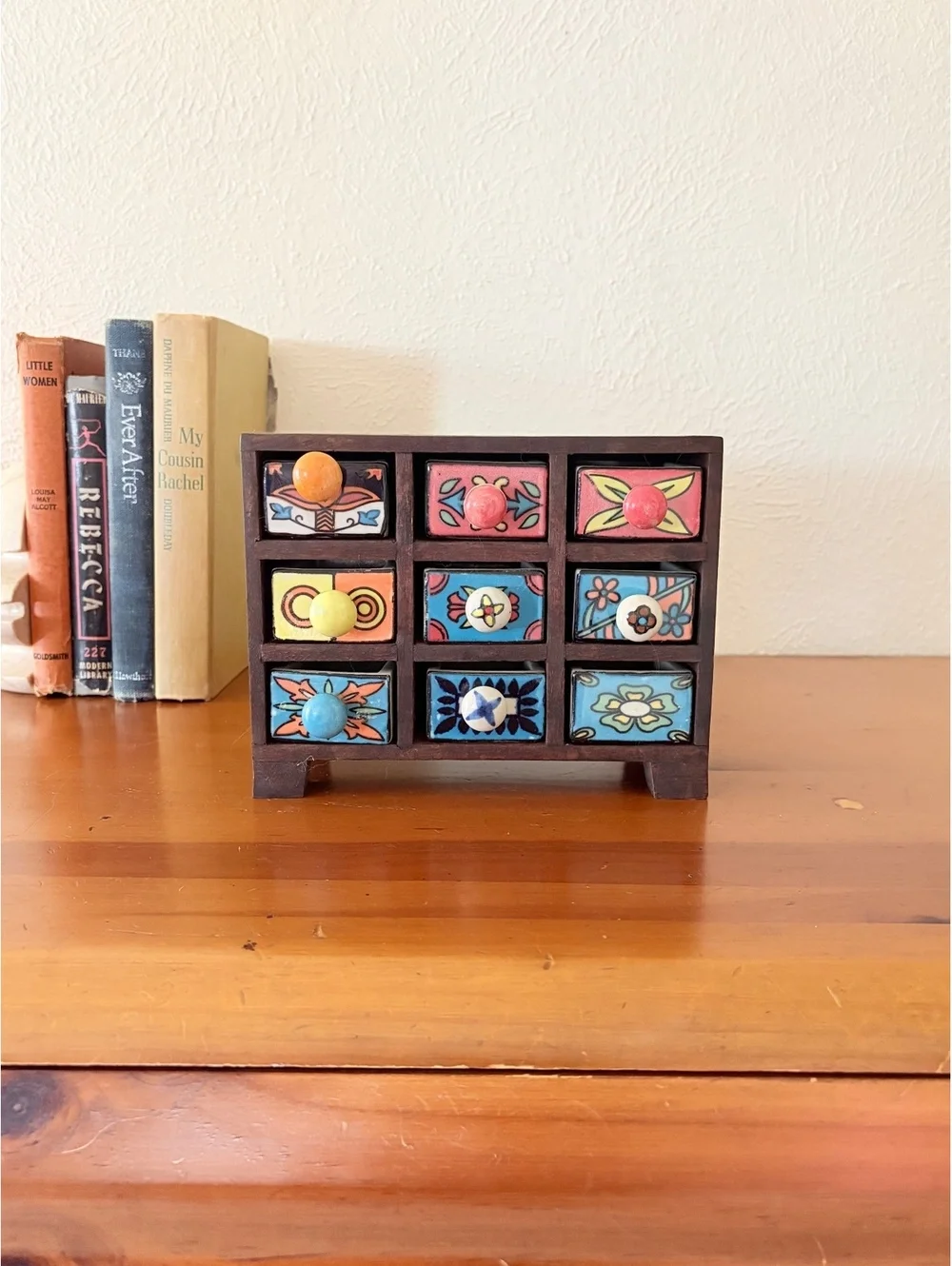 Wooden Apothecary Spice Cabinet 9 Drawer Colorful Hand-Painted Ceramic Knobs